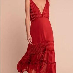 Aura the Label - Red Boho Deep V-Neck Midi Dress